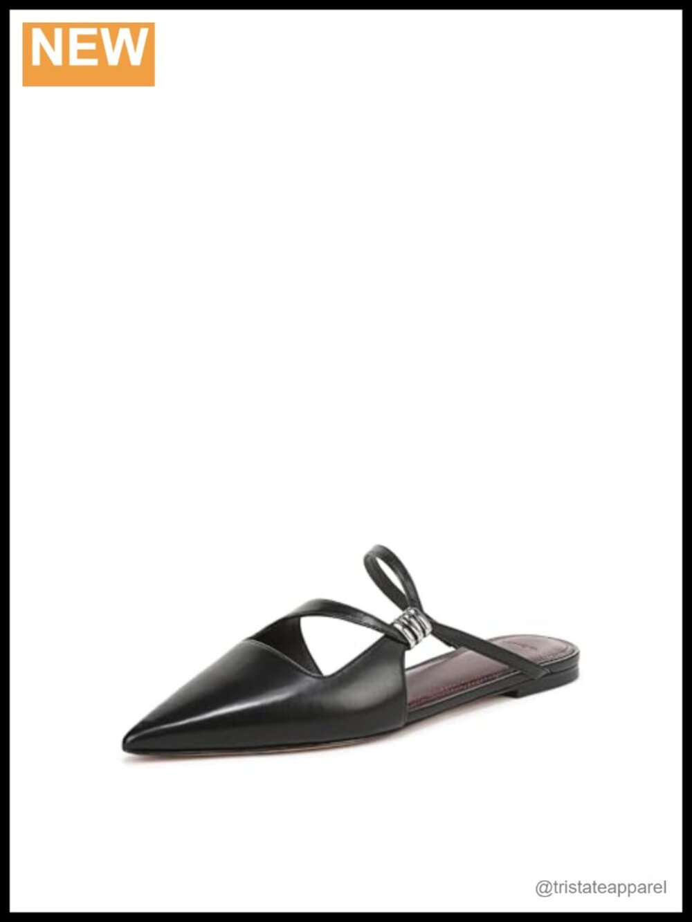 Leather Pointed Toe Mule Flats Pull-On Asymmetrical Straps Foam Insole
